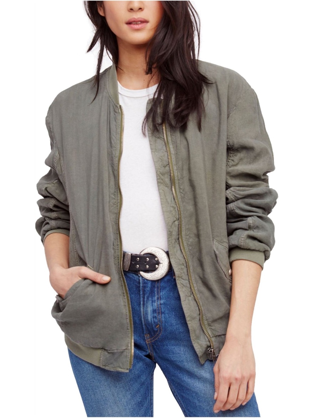 FREE PEOPLE Linen Jacket Ruched Bomber Zip Oversized Green Medium Army Utility